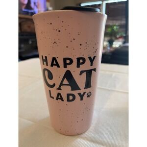 Sunday Morning Ceramics Happy Cat Lady Pink Speckled Ceramic Travel Tumbler 16oz